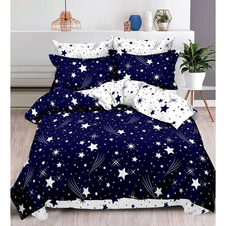 Set lenjerie de pat finet, cu elastic, 6 piese, bleumarin cu model, 180x200 cm