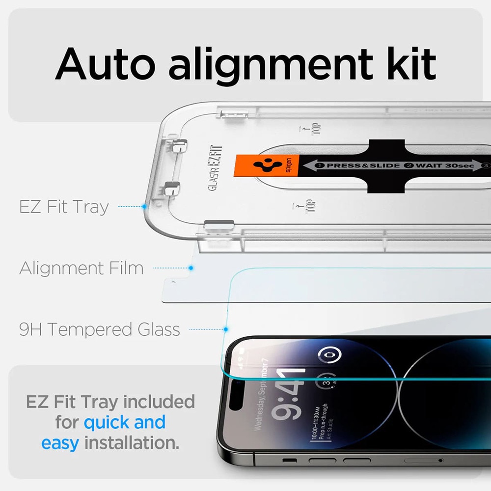 Set 2 folii sticla cu sistem de montare Case friendly Spigen GLAStR EZ FIT compatibil cu iPhone 14 Pro