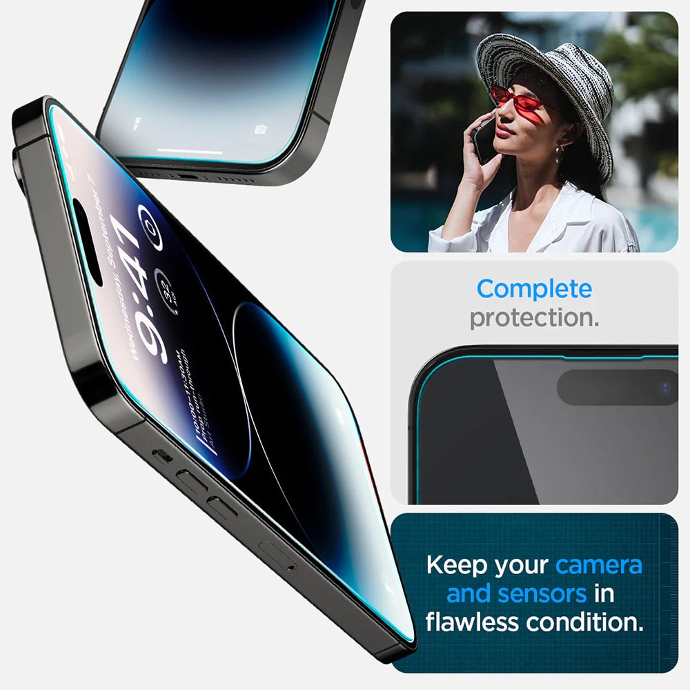 Set 2 folii sticla cu sistem de montare Case friendly Spigen GLAStR EZ FIT compatibil cu iPhone 14 Pro