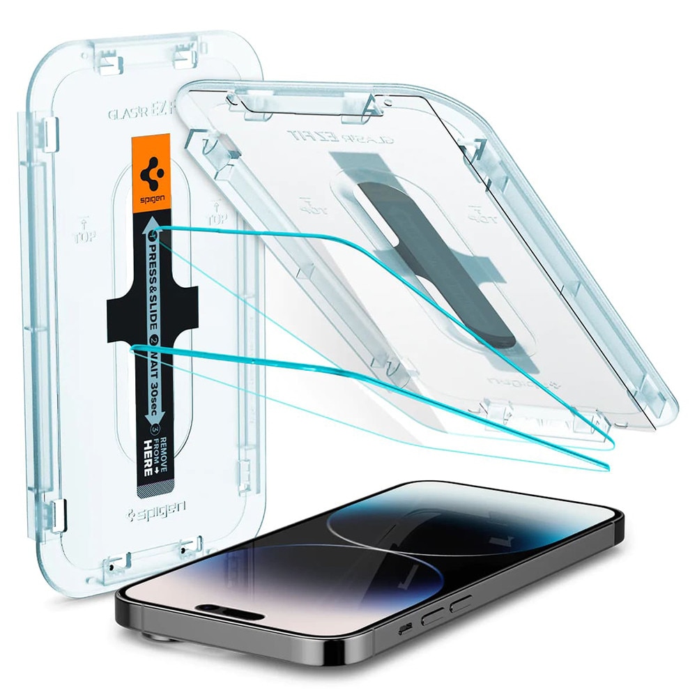 Set 2 folii sticla cu sistem de montare Case friendly Spigen GLAStR EZ FIT compatibil cu iPhone 14 Pro