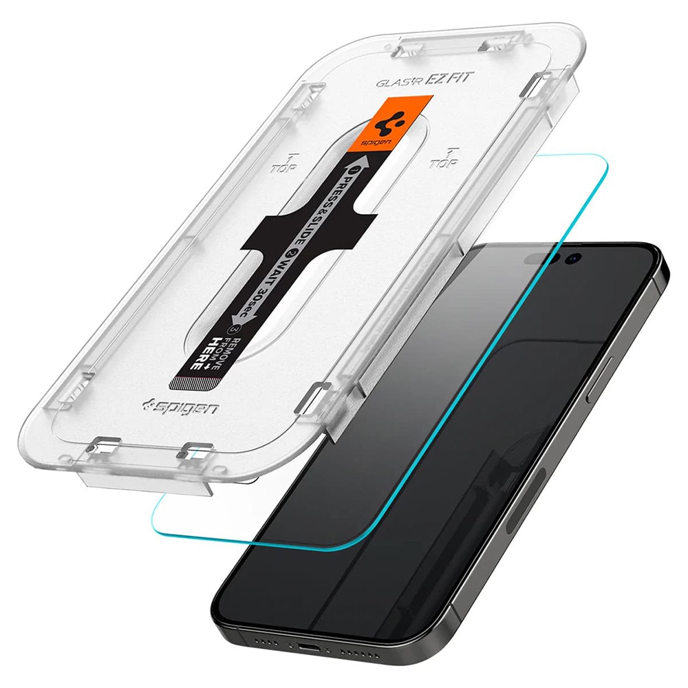 Set 2 folii sticla cu sistem de montare Case friendly Spigen GLAStR EZ FIT compatibil cu iPhone 14 Pro