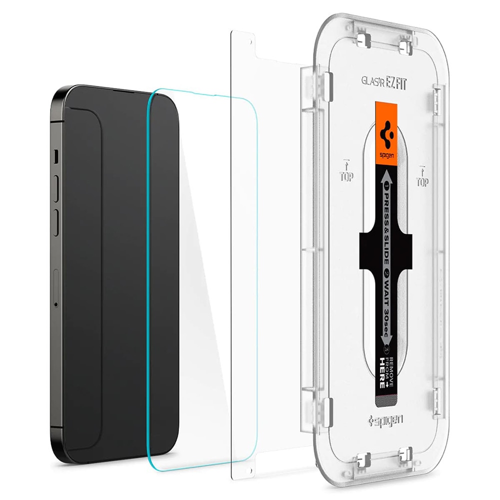Set 2 folii sticla cu sistem de montare Case friendly Spigen GLAStR EZ FIT compatibil cu iPhone 14 Pro