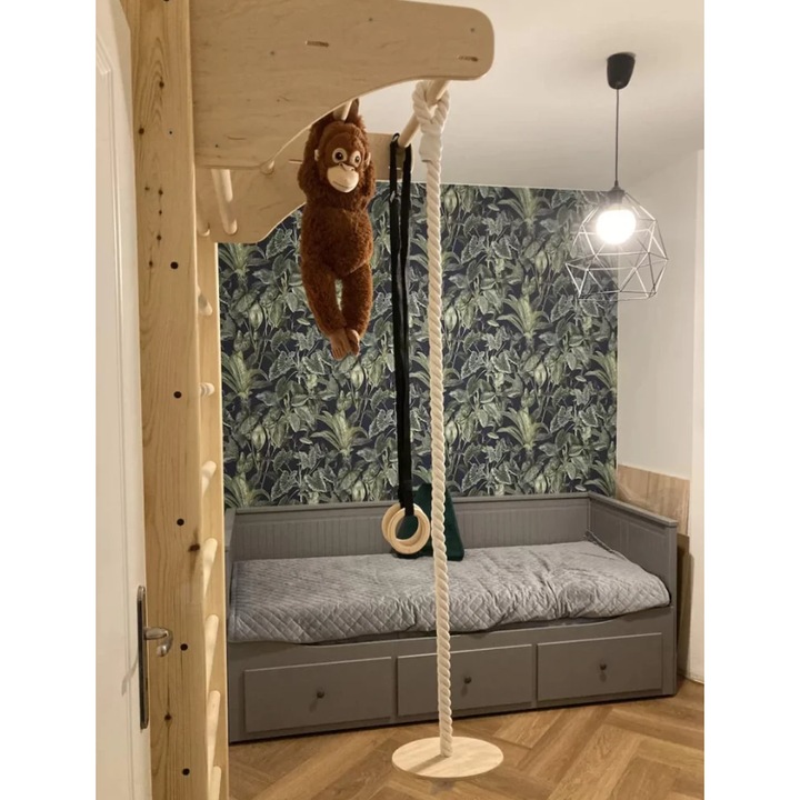 Spalier gimnastica Kinder Wood, cu bara de perete, bara de tragere, inele pentru gimnastica si leagan, Maro