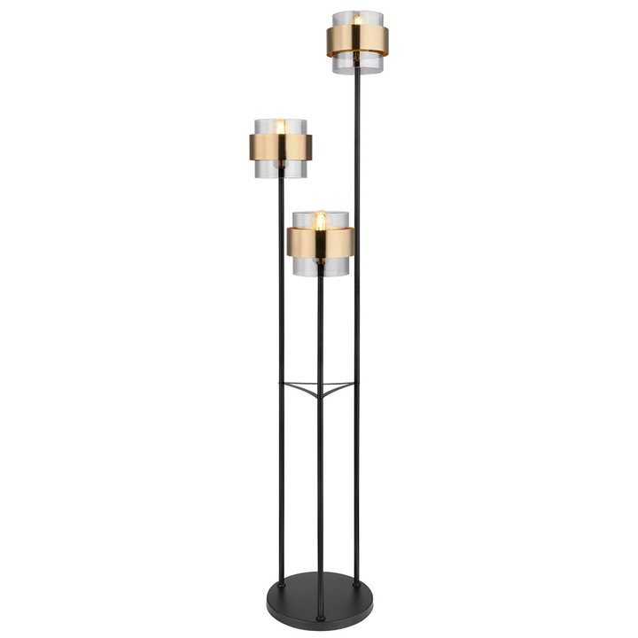 Lampadar metal negru mat, sticla, inel de alama, comutator pe cablu, ø: 430 mm, H: 1670 mm, lungime cablu 1800 mm, excl 3x E27 60W 230V