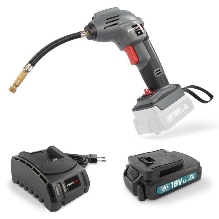 Compresor aer cu acumulator Powerplus POWEBACS1, foarte usor, 18v, 1.5Ah, 8 bari, accesorii umflare