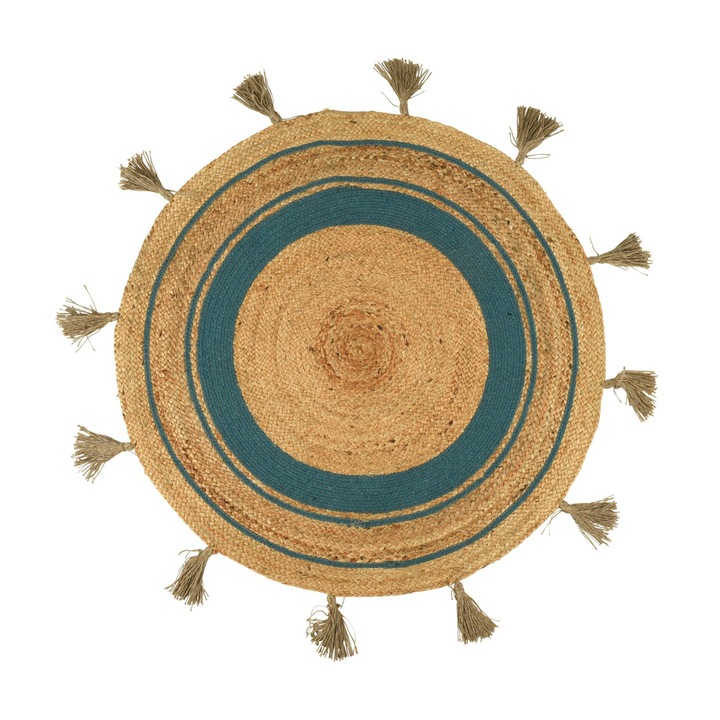 Kerek dekoratív szőnyeg, Bojttal, Juta, 90 cm, Bézs/Kék