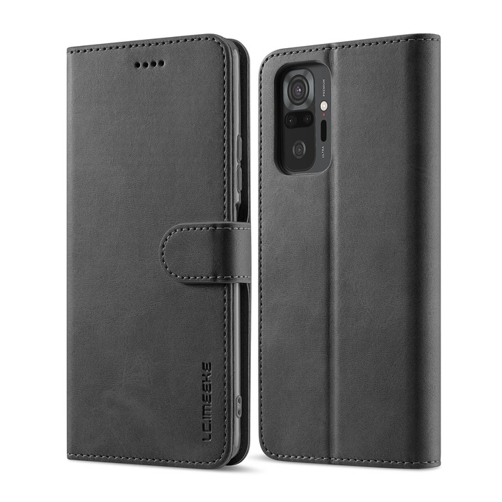 Кожен Тефтер/Калъф LC.IMEEKE за Xiaomi Redmi Note 10/ 10S, Черен