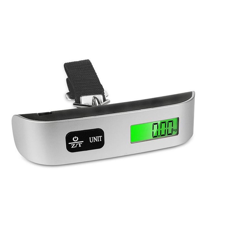 Cantar electronic bagaje, ABS/Metal, Afisaj LCD, 50 kg, Argintiu