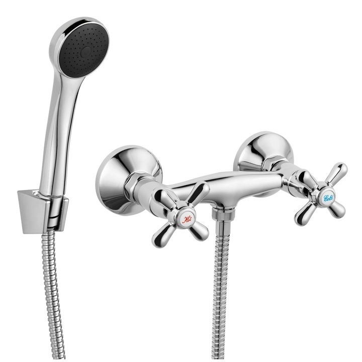 Смесител Ferro Retro, Стенен, За душ, Двуръкохватков, С ръчен душ, Монтаж с 2 отвора