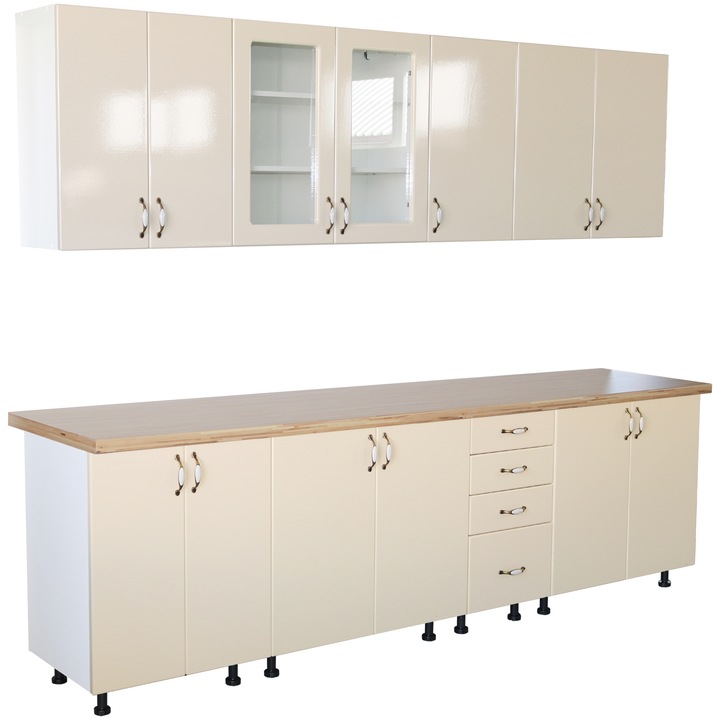 Bucatarie Zebra 260 cm din MDF Vanilie cu blat termoizolant crem