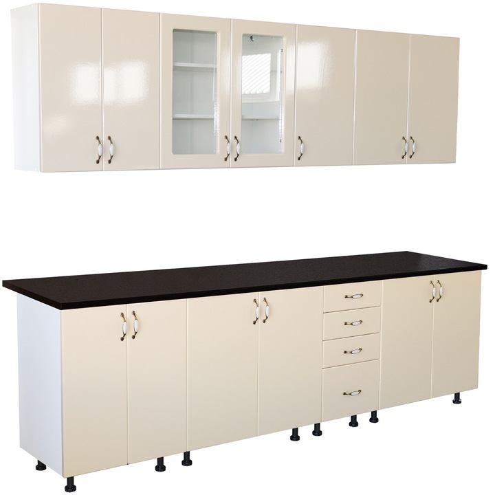 Bucatarie Zebra 260 cm din MDF Vanilie cu blat termoizolant negru