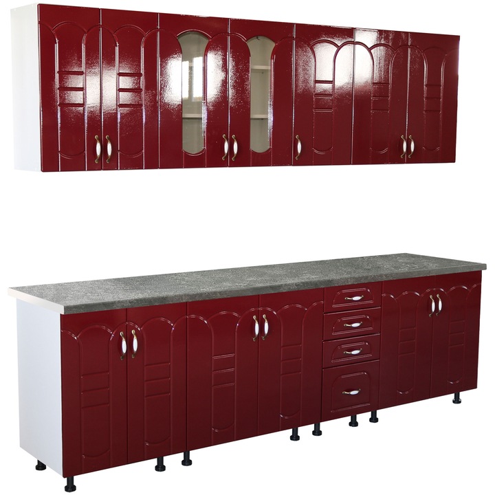 Bucatarie Zebra 260 cm din MDF Rosu Tulip cu blat termoizolant imitatie gri