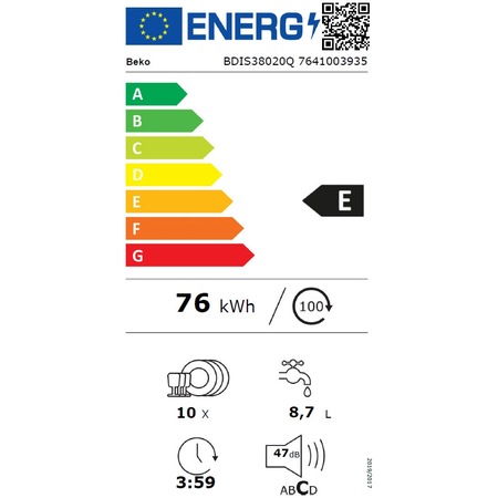 Masina de spalat vase incorporabila Beko BDIS38020Q, 10 seturi, 8 programe, Clasa E, AquaIntense, Motor ProSmart Inverter, All in 1, Hygiene Intense, Mini 30, 45 cm