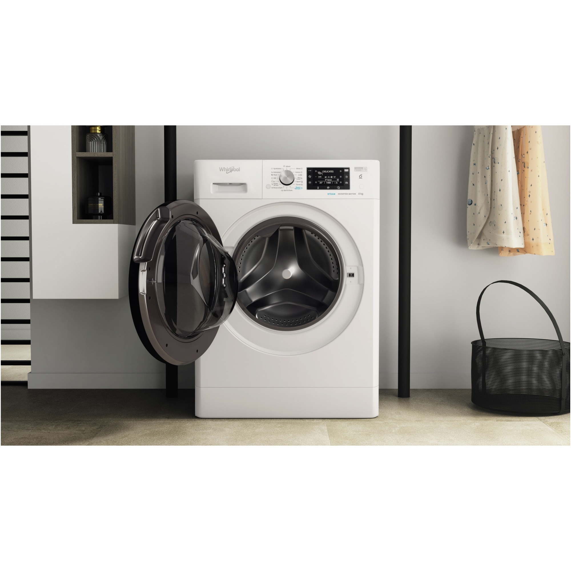 Masina de spalat rufe Whirlpool FreshCare+ FFD8648BVEE, 8 kg, 1600 RPM, Clasa C, Steam Refresh, Steam Hygiene, Tehnologia al-6lea Simt, Motor Inverter, Display LCD, Alb