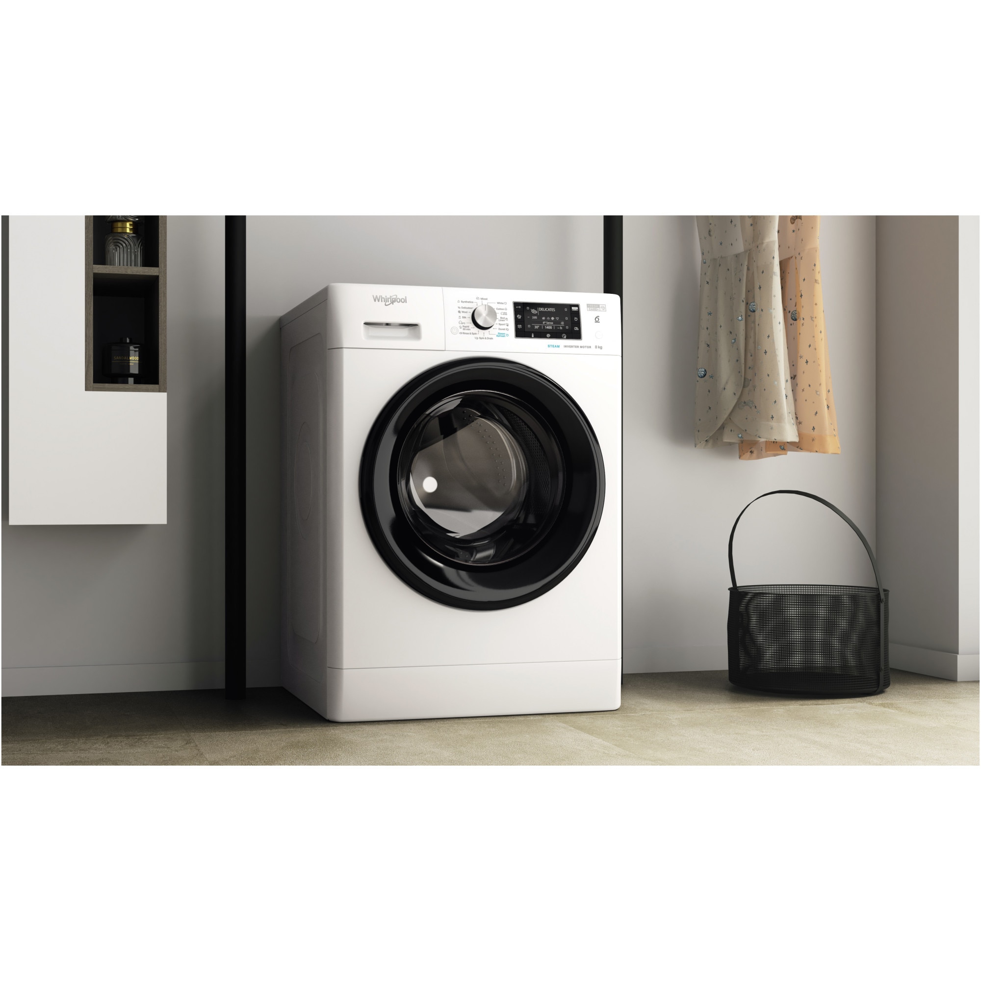 Masina de spalat rufe Whirlpool FreshCare+ FFD8648BVEE, 8 kg, 1600 RPM, Clasa C, Steam Refresh, Steam Hygiene, Tehnologia al-6lea Simt, Motor Inverter, Display LCD, Alb