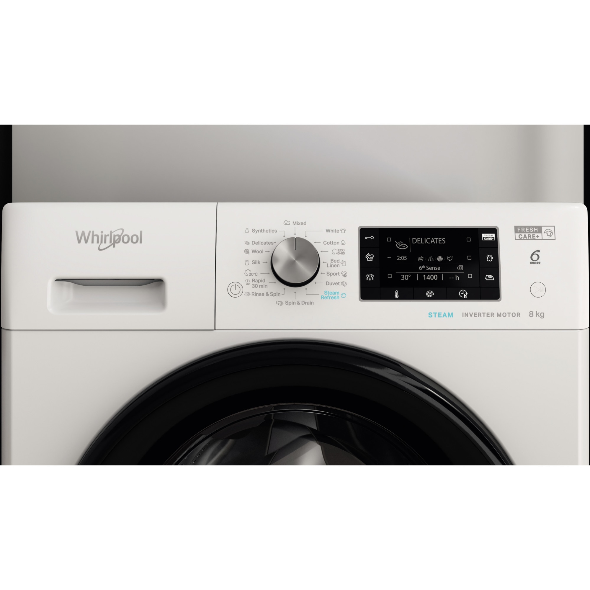 Masina de spalat rufe Whirlpool FreshCare+ FFD8648BVEE, 8 kg, 1600 RPM, Clasa C, Steam Refresh, Steam Hygiene, Tehnologia al-6lea Simt, Motor Inverter, Display LCD, Alb