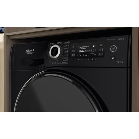Пералня със сушилня Hotpoint Natis NDD9636BDAEE, Пране 9 кг, Сушене 6 кг, 1400 об/мин, Клас А, Инверторен мотор, LCD дисплей, Черен