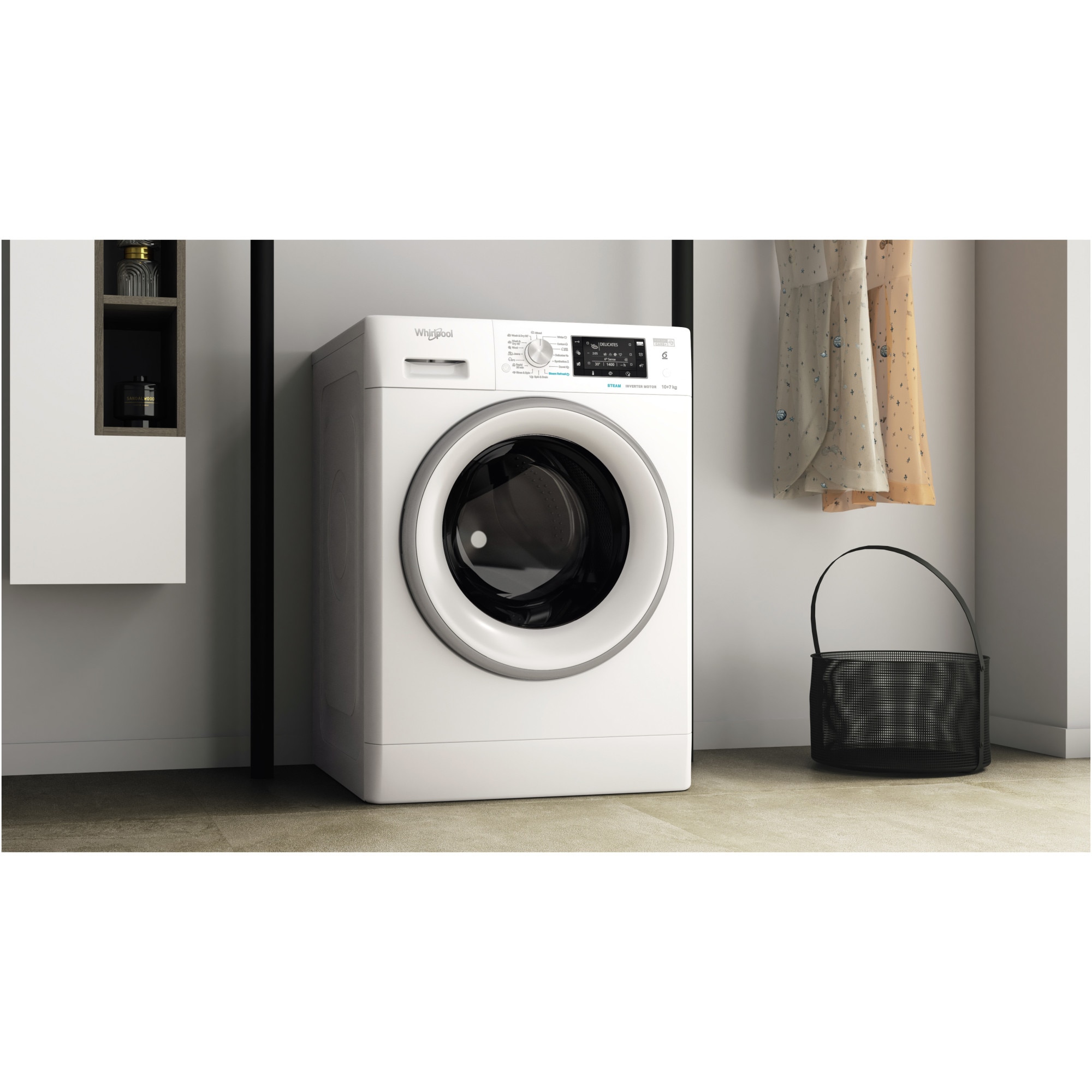 Masina de spalat rufe cu uscator Whirlpool FreshCare+ FFWDD1076258SVEE, 10 kg spalare, 7 kg uscare, 1600 RPM, Clasa B, Tehnologia al 6-lea Simt, FreshCare+, Motor Inverter, Display LCD, Alb