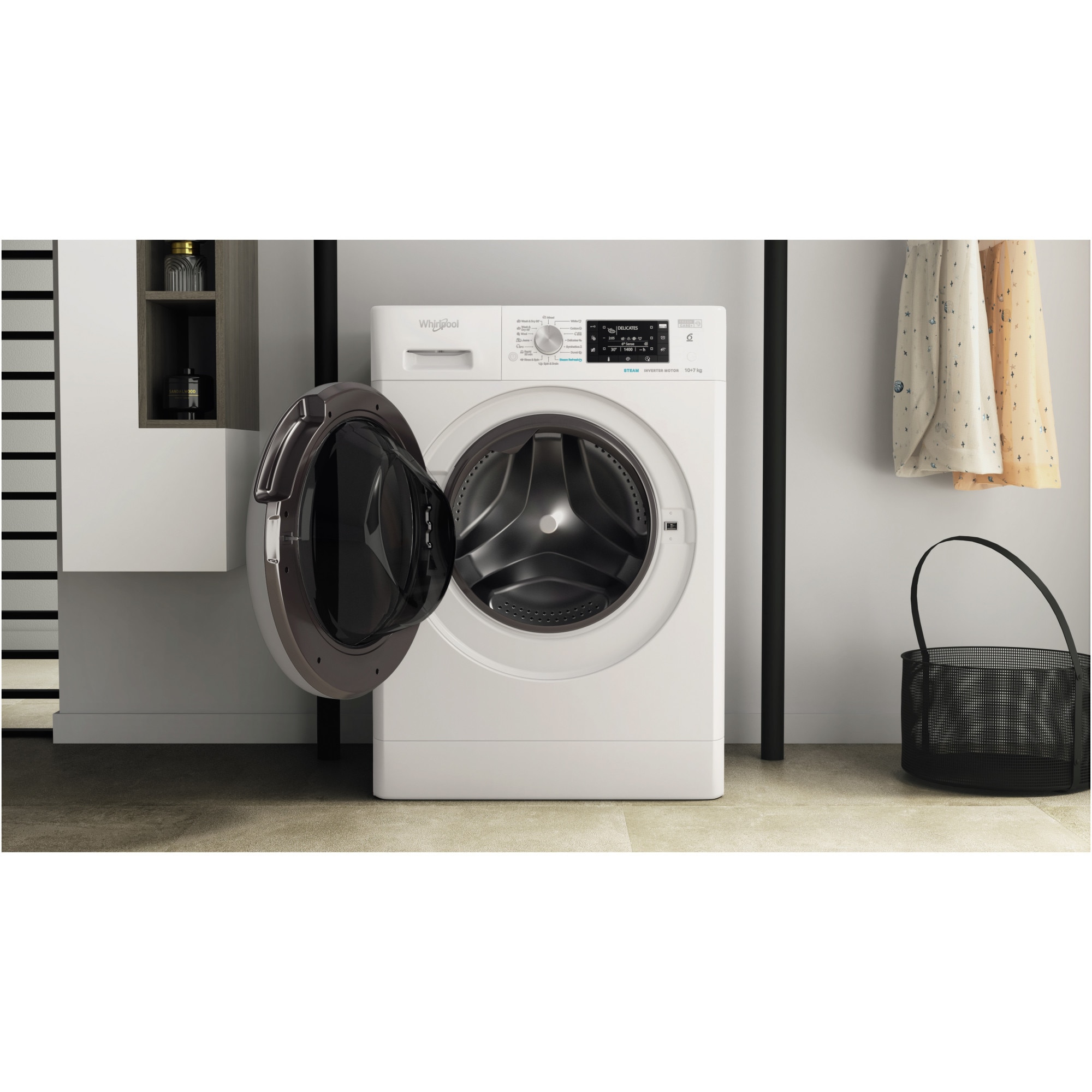 Masina de spalat rufe cu uscator Whirlpool FreshCare+ FFWDD1076258SVEE, 10 kg spalare, 7 kg uscare, 1600 RPM, Clasa B, Tehnologia al 6-lea Simt, FreshCare+, Motor Inverter, Display LCD, Alb