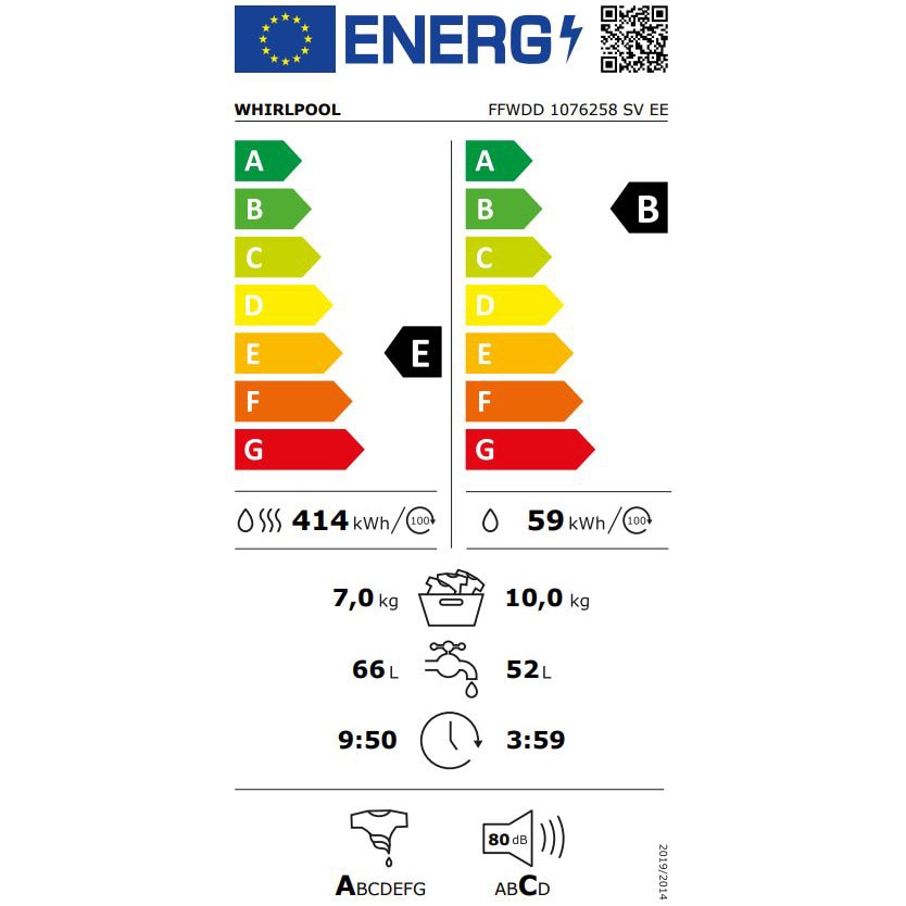Masina de spalat rufe cu uscator Whirlpool FreshCare+ FFWDD1076258SVEE, 10 kg spalare, 7 kg uscare, 1600 RPM, Clasa B, Tehnologia al 6-lea Simt, FreshCare+, Motor Inverter, Display LCD, Alb