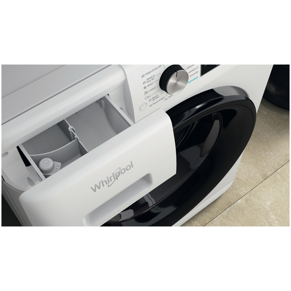 Masina de spalat rufe cu uscator Whirlpool FreshCare+ FFWDD1076258BVEU, 10 kg spalare, 7 kg uscare, 1600 RPM, Clasa B, Tehnologia al 6-lea Simt, FreshCare+, Motor Inverter, Display LCD, Alb