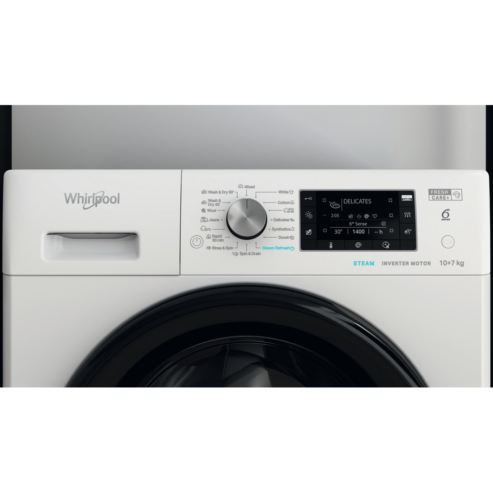 Masina de spalat rufe cu uscator Whirlpool FreshCare+ FFWDD1076258BVEU, 10 kg spalare, 7 kg uscare, 1600 RPM, Clasa B, Tehnologia al 6-lea Simt, FreshCare+, Motor Inverter, Display LCD, Alb