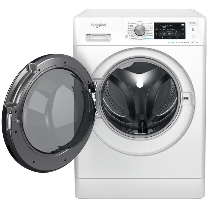Masina de spalat rufe cu uscator Whirlpool FreshCare+ FFWDD1076258BVEU, 10 kg spalare, 7 kg uscare, 1600 RPM, Clasa B, Tehnologia al 6-lea Simt, FreshCare+, Motor Inverter, Display LCD, Alb