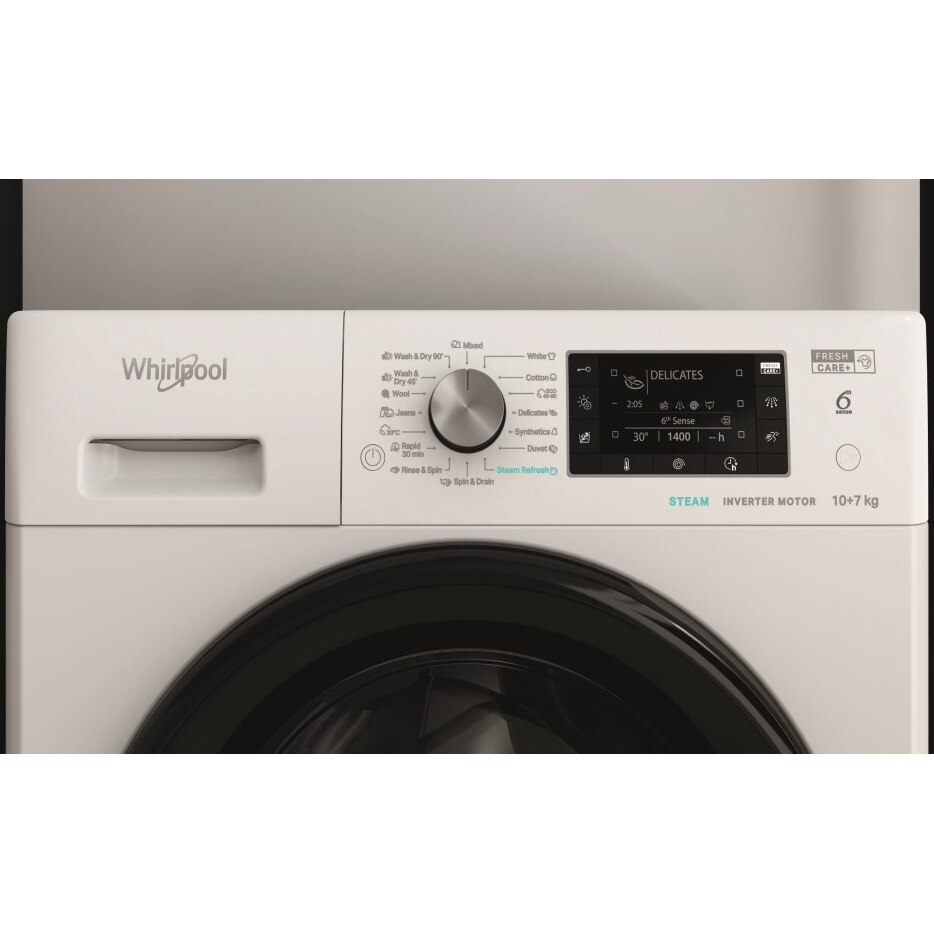 Masina de spalat rufe cu uscator Whirlpool FreshCare+ FFWDD1076258BVEU, 10 kg spalare, 7 kg uscare, 1600 RPM, Clasa B, Tehnologia al 6-lea Simt, FreshCare+, Motor Inverter, Display LCD, Alb