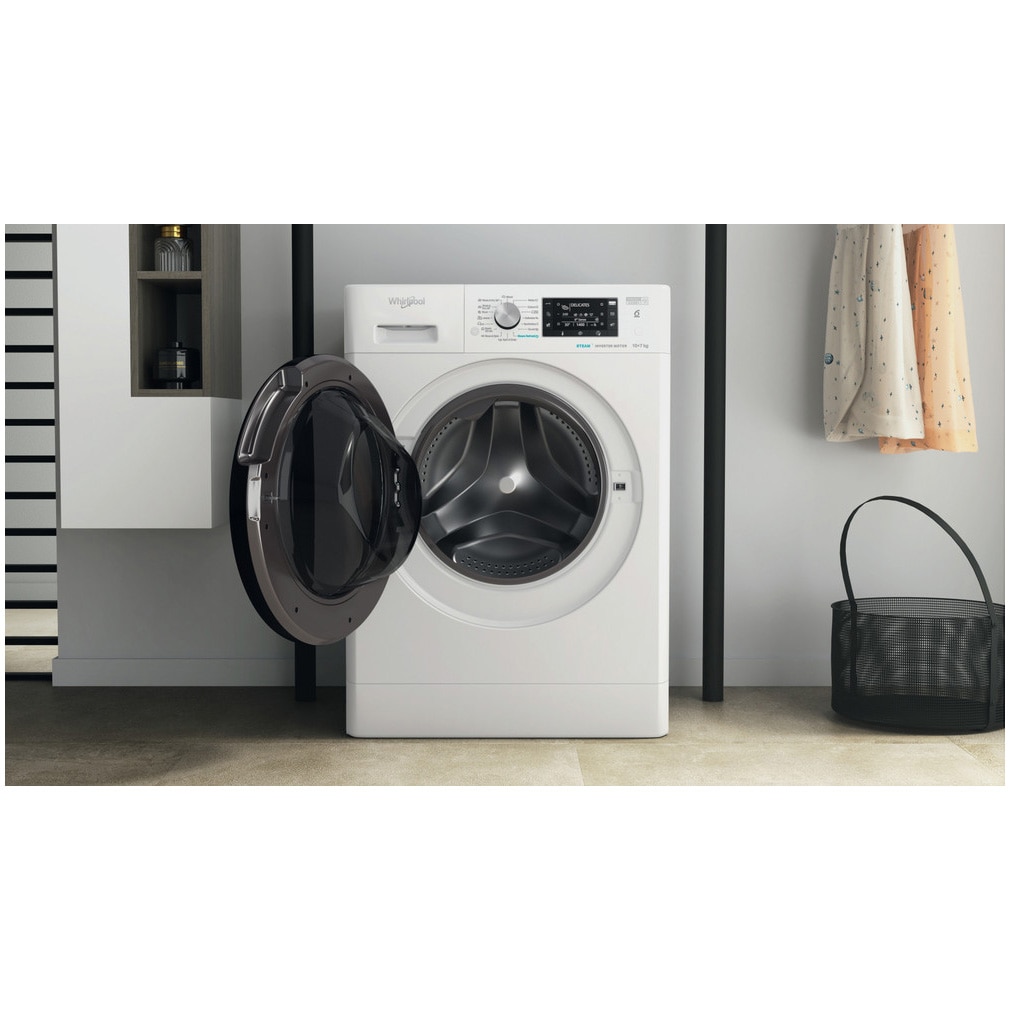 Masina de spalat rufe cu uscator Whirlpool FreshCare+ FFWDD1076258BVEU, 10 kg spalare, 7 kg uscare, 1600 RPM, Clasa B, Tehnologia al 6-lea Simt, FreshCare+, Motor Inverter, Display LCD, Alb