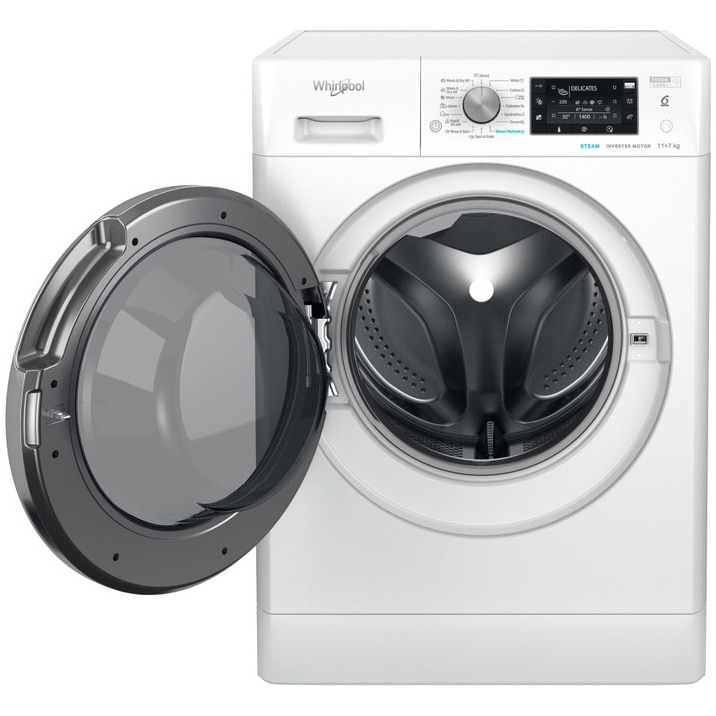 Masina de spalat rufe cu uscator Whirlpool FreshCare+ FFWDD1176258BCVEU, 11 kg spalare, 7 kg uscare, 1600 RPM, Clasa B, Tehnologia al 6-lea Simt, FreshCare+, Motor Inverter, Display LCD, Alb