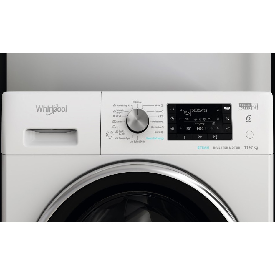 Masina de spalat rufe cu uscator Whirlpool FreshCare+ FFWDD1176258BCVEU, 11 kg spalare, 7 kg uscare, 1600 RPM, Clasa B, Tehnologia al 6-lea Simt, FreshCare+, Motor Inverter, Display LCD, Alb