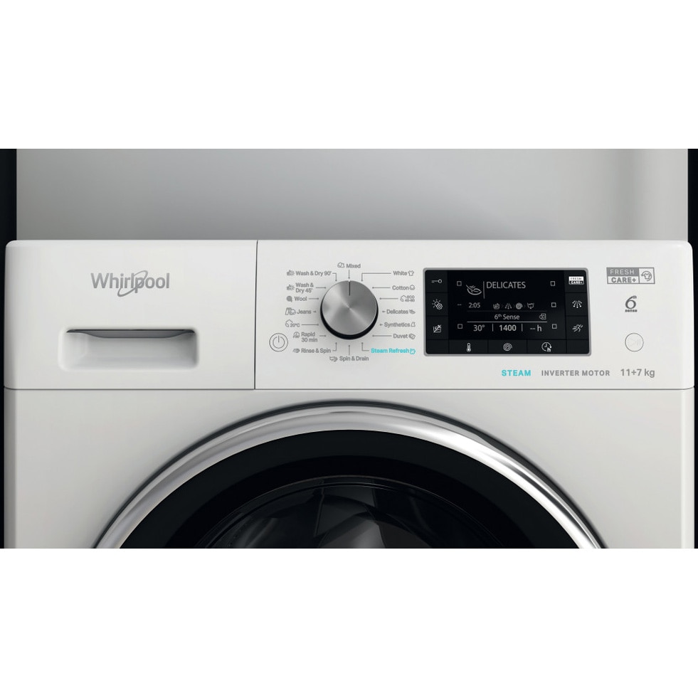 Masina de spalat rufe cu uscator Whirlpool FreshCare+ FFWDD1176258BCVEU, 11 kg spalare, 7 kg uscare, 1600 RPM, Clasa B, Tehnologia al 6-lea Simt, FreshCare+, Motor Inverter, Display LCD, Alb