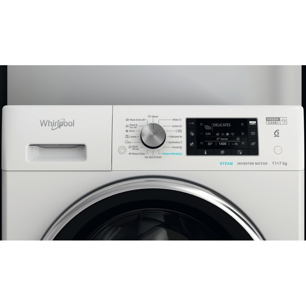 Masina de spalat rufe cu uscator Whirlpool FreshCare+ FFWDD1176258BCVEU, 11 kg spalare, 7 kg uscare, 1600 RPM, Clasa B, Tehnologia al 6-lea Simt, FreshCare+, Motor Inverter, Display LCD, Alb