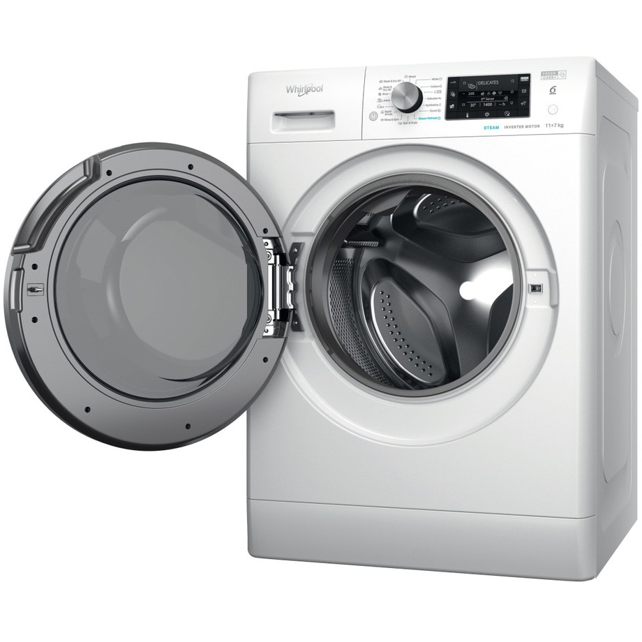 Masina de spalat rufe cu uscator Whirlpool FreshCare+ FFWDD1176258BCVEU, 11 kg spalare, 7 kg uscare, 1600 RPM, Clasa B, Tehnologia al 6-lea Simt, FreshCare+, Motor Inverter, Display LCD, Alb