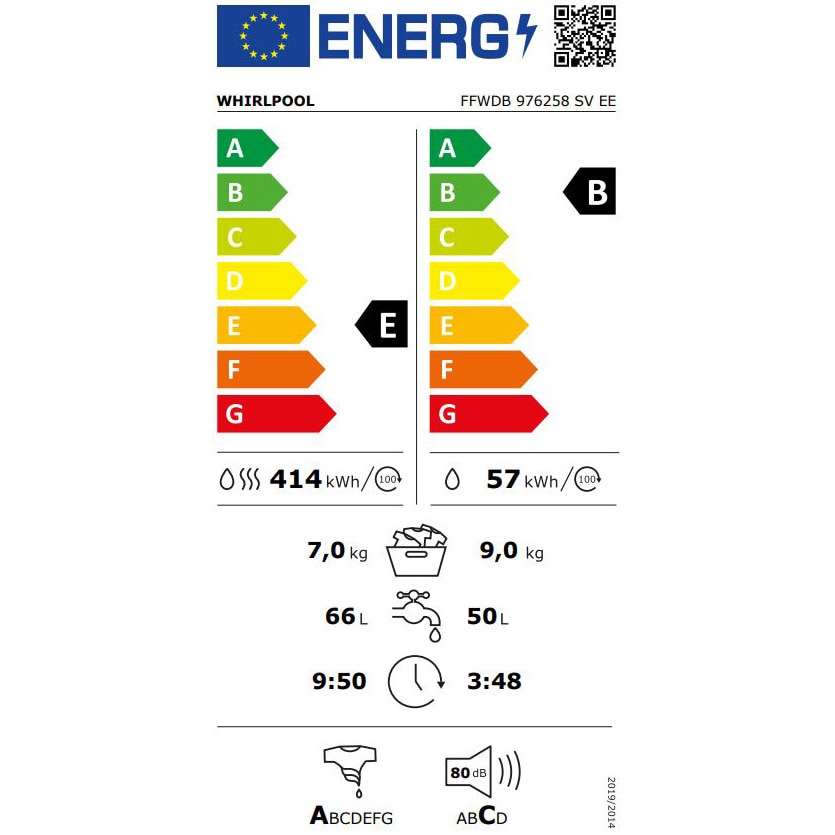 Masina de spalat rufe cu uscator Whirlpool FreshCare+ FFWDB976258SVEE, 9 kg spalare, 7 kg uscare, 1600 RPM, Clasa B, Tehnologia al 6-lea Simt, FreshCare+, Motor Inverter, Display Digital, Alb