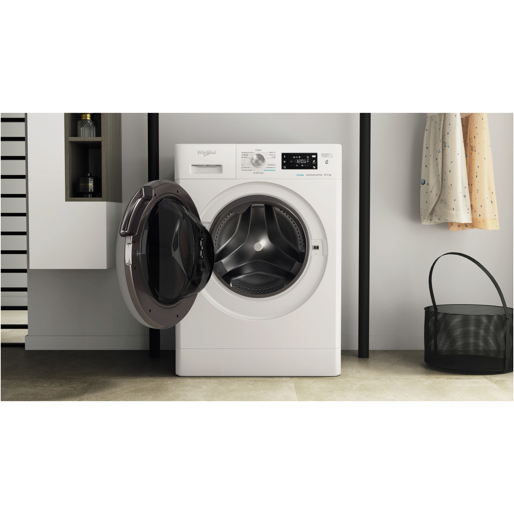 Masina de spalat rufe cu uscator Whirlpool FreshCare+ FFWDB976258SVEE, 9 kg spalare, 7 kg uscare, 1600 RPM, Clasa B, Tehnologia al 6-lea Simt, FreshCare+, Motor Inverter, Display Digital, Alb