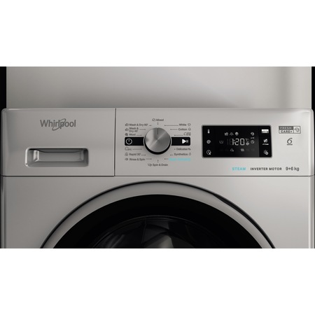 Masina de spalat rufe cu uscator Whirlpool FreshCare+ FFWDB964369SBSVEE, 9 kg spalare, 6 kg uscare, 1400 RPM, Clasa A, Tehnologia al 6-lea Simt, FreshCare+, Motor Inverter, Display Digital, Argintiu