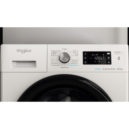 Пералня със сушилня Whirlpool FreshCare+ FFWDB864349BVEE, 8 кг пране, 6 кг сушене, 1400 об/мин, Клас B, 6th Sense Technology, FreshCare+, Инверторен мотор, Цифров дисплей, Бял