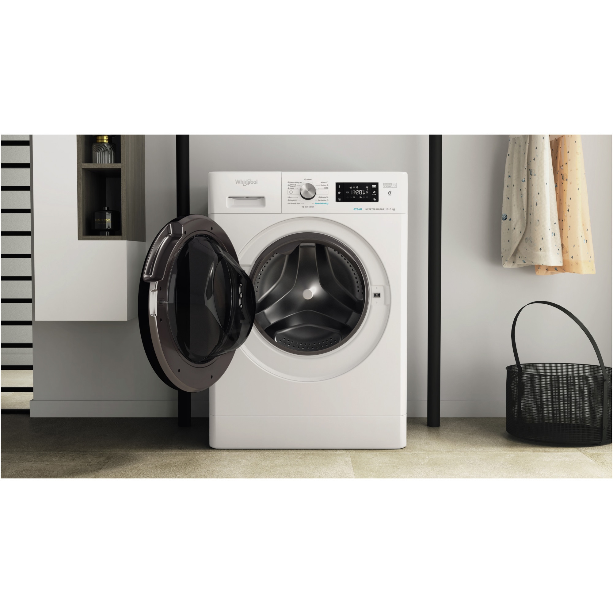 Masina de spalat rufe cu uscator Whirlpool FreshCare+ FFWDB864349BVEE, 8 kg spalare, 6 kg uscare, 1400 RPM, Clasa B, Tehnologia al 6-lea Simt, FreshCare+, Motor Inverter, Display Digital, Alb
