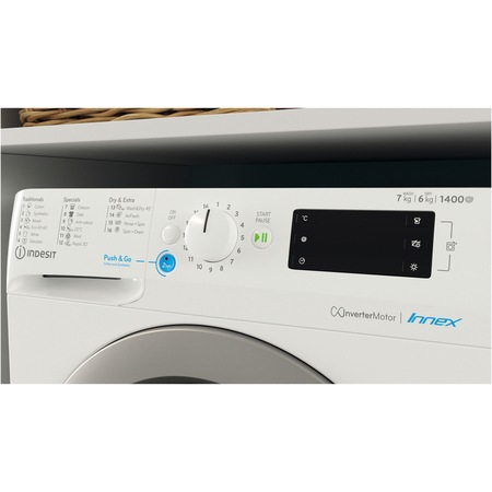 Masina de spalat rufe cu uscator Indesit INNEX BDE764359WSEE, 7 kg spalare, 6 kg uscare, 1400 RPM, Clasa B, Motor Inverter, Display Digital, Alb