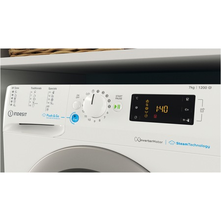 Пералня Slim Indesit INNEX BWSE71295XWSVEU, 7 кг, 1200 об/мин, Клас B, Steam, Push&Go, Motor Inverter, Digital Display, Бял