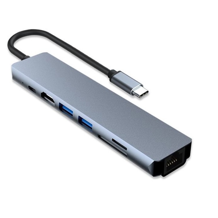 USB-C-HDMI többportos adapter, 2x USB3.0, USB-C PD, SD és FT olvasóval, LAN 1 Gbit