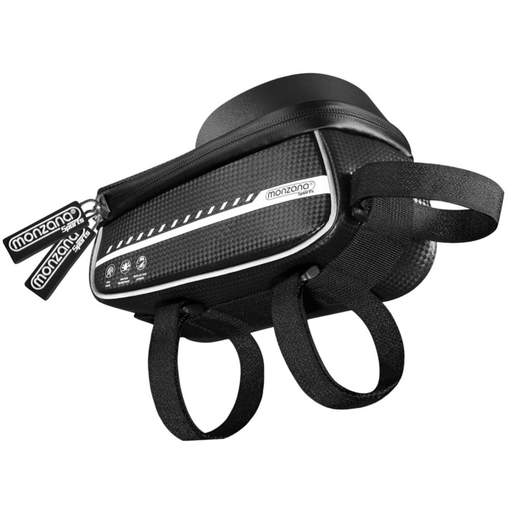 Suport bicicleta pentru telefon maxim 7 inch, impermeabil Monzana, negru, cu suport pentru powerbank si casti, 20x11.5x11 cm