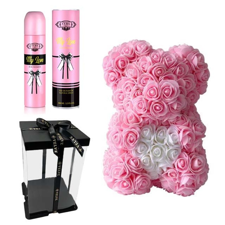 Set cadou fete, Ursulet floral roz cu inima alba din spuma 25 cm si Parfum Cuba, My Love, Femei 100ml, Velve