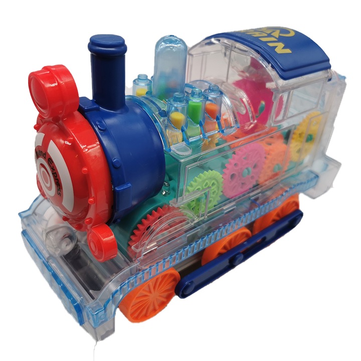 Locomotiva de jucarie Transparenta, cu sunet si lumini, rotite si angrenaj vizibile, 20cm, VisionXXI