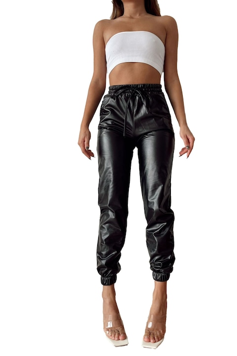 Панталон Jezebel, изработен от екологична кожа, с висока талия и шнур, Черен