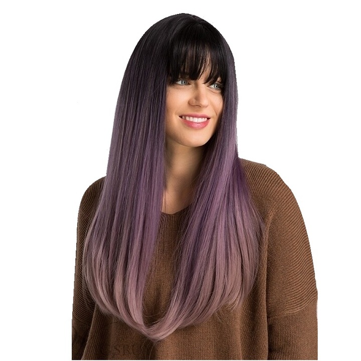 Peruca lunga Ombre MOV, dreapta, cu breton, fibra sintetica cu aspect natural, 60 cm, Animis Beauty ®