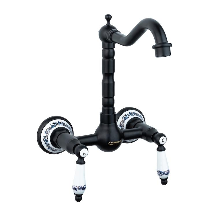 Смесител за кухня TRENDY'S, стенен монтаж, тип лебед, черен мат с керамична бродерия