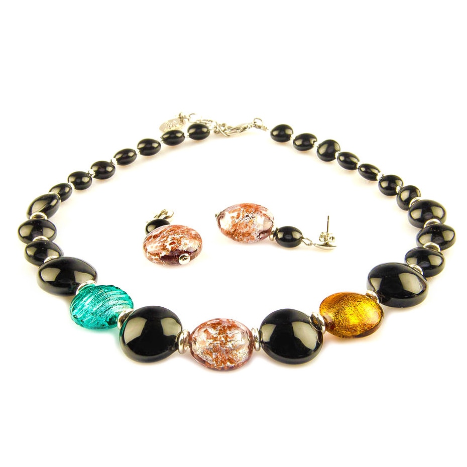 Set bijuterii din sticla de Murano, colier si cercei negru Millefiori Cereza