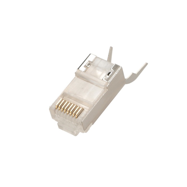 Conector RJ45 Extralink Cat.6A FTP, 8P8C, ecranat, compatibil cu cabluri torsadate cu protectie impotriva interferentelor electromagnetice, montaj rapid si fiabil, ideal pentru retele LAN de mare viteza, centre de date si aplicatii profesionale de telecom